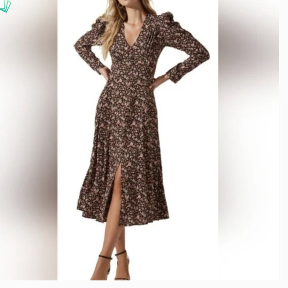 ASTR The Label Covered Button Midi Dress Long Sleeve Black Clay Floral Print